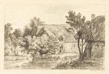 Dom i domek w cieniu nad brzegiem rzeki