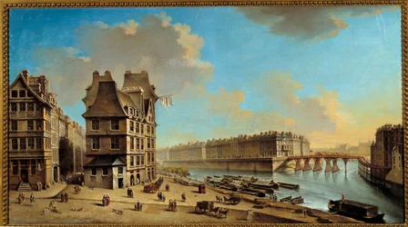 Quai de la Greve, Île Saint Louis i Pont Rouge widziane z obrazu Place de Greve autorstwa Nicolasa Ragueneta (1715-1793) XVIII-wieczne słońce. 0,46x0,84 m Paryż, Musee Carnavalet - Quai de la Greve, Ile Saint-Louis i Pont Rouge widziane z