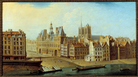 Widok na Hotel de Ville i Place de Greve w Paryżu w 1750 r. Obraz Nicolasa Jeana Baptiste Ragueneta (1715-1793) 1750 nd. 0,46x0,83 m Paryż, Muzeum Carnavalet