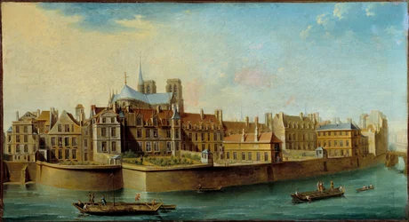 Widok na Ile de la Cite z absydą katedry Notre Dame i Quai aux Fleurs z Ile Saint Louis w Paryżu Obraz Nicolasa Ragueneta (1715-1793) 1753 nd. 0,46x0,84 m Paryż, Musee Carnavalet - Widok na Ile de la Cite z aps