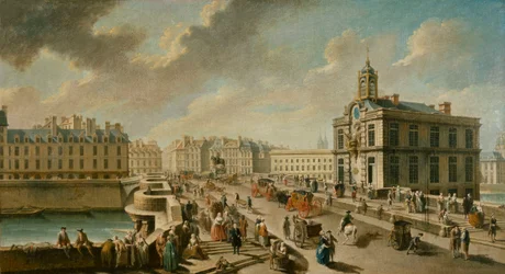 Widok na Pont Neuf i pompę Samaritaine widziane z Quai de la Megisserie