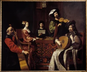 Muzyka barokowa: „Koncert”. Muzycy grający na instrumentach strunowych. Obraz Nicolasa Tourniera (1590-1657), XVII wiek, Sun. 1,88 x 2,26 m