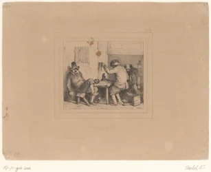 Trzech pijanych chłopów w knajpie Vive la joie (tytuł na obiekcie) Szkice 1837 (tytuł serii) Croquis przez Charlet 1837 (tytuł serii)
