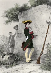 Napoleon I Bonaparte (1769 - 1821) w szkole wojskowej w Brienne w 1783 roku. Rycina Charleta z XIX wieku.