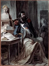 Stary grognard. Niedomagający były członek gwardii Napoleona I (1769-1821) przy popiersiu cesarza. Rysunek Nicolasa Toussainta Charleta (1792-1845), 5/05/1820. Rueil-Malmaison, Musée national des châteaux de Malmaison et Bois-Préau