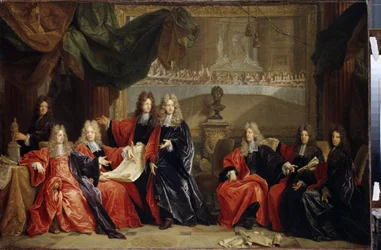Proboszczowie i sędziowie miasta Paryża omawiają uroczystą kolację króla Ludwika XIV 14 zwanego Królem Słońce (1638-1715) w Hôtel de ville po jego restauracji w 1687 r. (Provost and Municipal Magistrates of Paris Omawiając obchody Lou