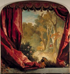 Kompozycja dekoracyjna z zasłonami, pejzażem i zwierzętami Obraz Nicolasa de Largilliere (1656-1746) XVIII w. Słońce. 2,61x2,51 m²
