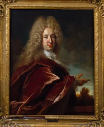 Portret dżentelmena w długiej peruce, koronkowym żabocie i bordowym płaszczu