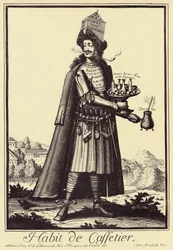 Caffettier: "Habit de Caffettier" (ekspres do kawy lub sprzedawca kawy, czekolady, herbaty, likierów) Rysunek satyryczny z "Costumes Grotesques" Nicolasa de Larmessin (1640-1725).