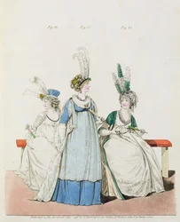 Suknie wieczorowe do opery i koncertów, ryc. 96, 97 i 98 z „Galerii Mody” Nikolausa Heideloffa, maj 1796 (druk)