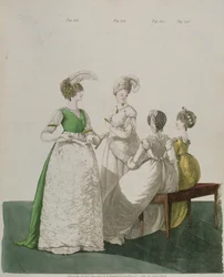 Cztery dziewczyny w balowych sukienkach z „Galerii Mody” N. Heideloffa, kwiecień 1800
