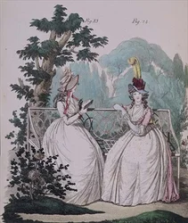 Sukienka poranna, figi. 23 i 24, z „Galerii Mody” Nikolausa Heideloffa, t. I, wrzesień 1794 (druk)