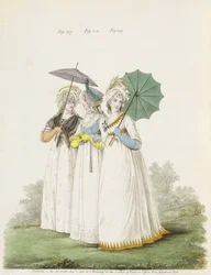 Suknie poranne, fig. 107, 108 i 109 z "Galerii mody" Nikolausa Heideloffa, t. II, sierpień 1796 (druk)