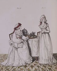 Dwie panie przy śniadaniu w garderobie, w nocnych czapkach i peniuarach, z „Galerii Mody” Nikolausa Heideloffa, tom I, listopad 1794 (druk)