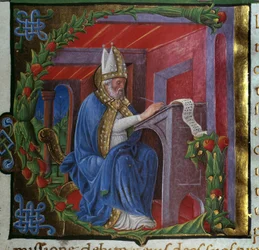 Miniatura do pisania św. Augustyna autorstwa Nicolo Polaniego zaczerpnięta z „De civitate dei” (Miasto Boga) św. Augustyna z Hippony (354-430). 1459. Paryż, Bibliotheque Sainte Genevieve