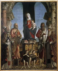 Dziewica z Dzieciątkiem na tronie ze św. Mikołajem, św. Piotrem, św. Barthelemy i św. Augustynem (olej na płótnie