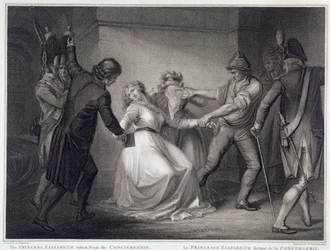 Rewolucja Francuska: siostra króla Ludwika XVI Elżbiety Francji (1764-1794) została zwolniona z więzienia Concierge 10.05.1794. Grawerowanie przez Niccolo Schiavonetti (zm. 1813) Paryż, Musee Carnavalet
