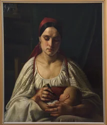 Rosyjska wieśniaczka karmi swoje dziecko krowim rogiem. (Rosyjska wieśniaczka karmi swoje dziecko z krowiego rogu). Obraz Nikifora Stepanovicha Kryłowa (Krilov) (1802-1831), olej na płótnie