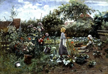 W ogrodzie warzywnym. Dwie młode dziewczyny rozmawiają w ogrodzie warzywnym. Jedna zajmuje się ogrodem, a druga zbiera warzywa. Obraz Nikoli Mašicia (1852-1902), kolekcja prywatna