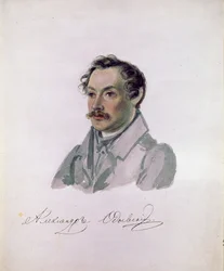 Portrait du poete et decabriste Comte Alexander I. Odoevsky (1802-1839) (dekabryzm) (Portret poety, dekabrysty hrabiego Aleksandra I. Odoewskiego). Peinture de Nikołaj Aleksandrowicz Bestużew (1791-1855). Akwarele z papieru, 22,2 x 17,8 cm