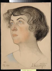 Portret Aleksandry Michajłownej Kollontai (1872-1952), rosyjskiej komunistki i sowieckiego polityka (Alexandra M. Kollontai) - Rysunek Nikołaja Andriejewicza Andrejewa (1873-1932) krew i kreda na papierze (32,2x24,3 cm)