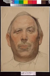 Portrait de Demian Bedny (1883-1945) - Oeuvre de Nikolai Andreevich Andreev (1873-1932), sangwina et craies sur papier (32x24,2 cm), wers 1920 - (Portret Demyana Bedny