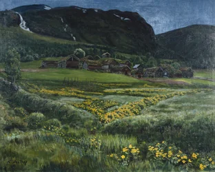 Czerwcowa noc i stare podwórko zachodniej Norwegii (olej na płótnie)