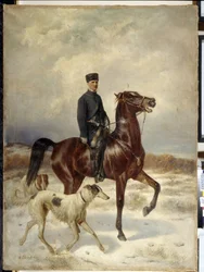 Łowca (Łowca). Na koniu w towarzystwie swoich psów rasy Barzoi (chart rosyjski). Obraz Nikołaja Jegorowicza Sverchkova (Nicolas Swertschkoff) (1817-1898), olej na płótnie. Sztuka rosyjska