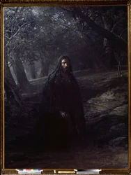 „Chrystus w Ogrodzie Oliwnym” Jezus na Górze Oliwnej (lub wzgórzu Getsemani) dominującym nad Jerozolimą odsuwa się od śpiących uczniów, aby modlić się przed jego aresztowaniem. Obraz Nikołaja Nikołajewicza Ge (wesoły) (1831-1894) 1869-1880 Tre . państwa