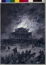 Pożar Teatru Bolszoj w Moskwie (Rosja), 11 marca 1853 r. (Ruch tłumu przed budynkiem i przybycie strażaków) - Praca Nikołaja Nikołajewicza Karasina (1842-1908), gwasz na papierze - sztuka rosyjska, druga połowa XIX wieku - St