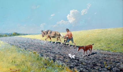 ""orka"" Chłop orający swoje pola, Rosja Obraz Nikołaj Nikołajewicz Karasin (1842-1908) 1899 Wymiary 16,5x27,5 cm Kolekcja prywatna