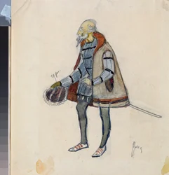 Kostium przygotowawczy Rycerz Skąpiec do sztuki teatralnej „Avare Knight” Aleksandra Puszkina (1799-1837) (Projekt kostiumów do sztuki teatralnej Skąpiec Rycerz Puszkina) - Praca Nikołaja Pawłowicza Uljanowa (Ulyanov) ( 1875-1949), ur