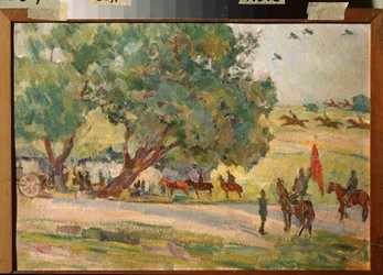 Manewry wojskowe w okolicach Moskwy (Manewry pod Moskwą) - Praca Nikołaja Pawłowicza Uljanowa (Ulianowa) (1875-1949), olej na tekturze