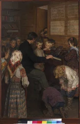 Lekcja śpiewu w wiejskiej szkole (nauczyciel gra na fisharmonii) Bogdanowa-Belskiego, Nikołaja Pietrowicza (1868-1945). olej na płótnie