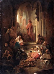 Scena z życia Dantego Alighieri (1265-1321) (Scena z życia Dantego Alighieri). Praca Nikołaja Pietrowicza Lomtewa (1816-1859), olej na tekturze
