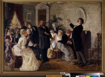 Duet. (Śpiewacy dają koncert w prywatnym pokoju). Obraz Nikołaja Pietrowicza Zagorskiego (1849-1893), olej na płótnie. Sztuka rosyjska