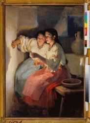 Wróżby w Wigilię Bożego Narodzenia (Dwie młode dziewczyny rzucają cienie na ścianę przy świetle świecy) - Nikołaj Korniłowicz Pimonenko (1862-1912)
