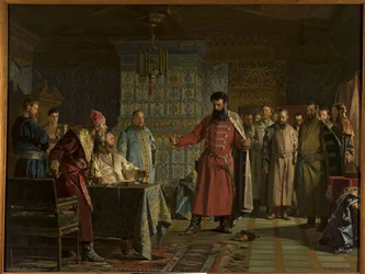 Spór Zachariego Pietrowicza Lapunowa (zm. 1612) z carem Wasilijem IV Czouskim (1552-1612) na Kremlu, autorstwa Niewrewa, Nikołaja Wasiljewicza (1830-1904). olej na płótnie
