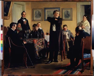 Aktor Pavel Mochalov (1808-1848) otacza swoich wielbicieli. (Aktor P. Mochałow wśród swoich fanów). Uznawany za największego tragika romantycznej Rosji, interpretuje rolę w prywatnym salonie, uważny i wzruszony widzami