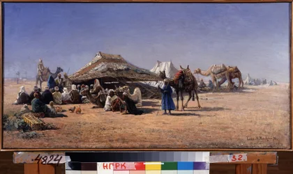 Kair (Egipt) (Kair). Scena obozowa karawany na pustyni, miasto w tle. Obraz Nikołaja Jegorowicza Makowskiego (1842-1886), olej na płótnie
