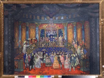 Piłka. (Wieczór towarzystwa arystokratycznego w rosyjskim pałacu). Praca Nikołaja Nikołajewicza Sapunowa (Sapunowa) (1880-1912), tempera na tekturze