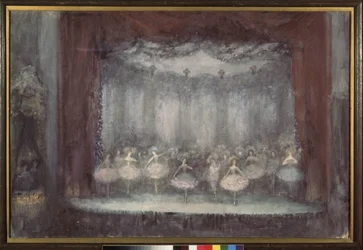 Balet. (Scena teatralna z balerinami w tutu). Praca Nikołaja Nikołajewicza Sapunowa (Sapunowa) (1880-1912), tempera, kreda, srebro i brąz na tekturze