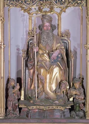 Ołtarz Isenheim, św. Antoni Pustelnik, szczegół św. Antoniego, ok. 1490 złota farba na drewnie
