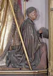 Ołtarz z Isenheim, Święty Augustyn, detal Jean dOrlier, ofiarodawca, ok. 1490, złota farba na drewnie