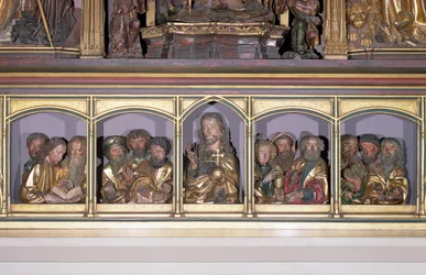 Drewniane rzeźby Chrystusa i Dwunastu Apostołów, z predelli retabulum Ołtarza Isenheim, ok. 1490 (drewno malowane)