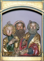 Drewniane rzeźby SS. Jan, Andrzej i Piotr, z predelli ołtarza z Isenheim, ok. 1490 (drewno malowane)