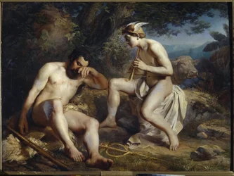 Merkury i Argus - Merkury usypiający Argusa do snu - Koshelev, Nikołaj Andreyevich (1840-1918) - 1864 - Olej na płótnie - 138x179 - Muzeum Akademii Sztuk Pięknych w Petersburgu. Petersburg