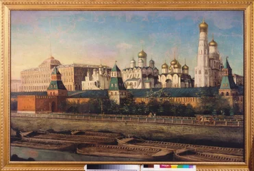 Widok na Kreml moskiewski. Obraz Nikołaja Iwanowicza Podklyuchnikowa (1813-1877), olej na płótnie. XIX-wieczna sztuka rosyjska. State United Museum Center na Kremlu, Moskwa.