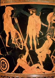 Herakles i greccy bohaterowie, fragment z kielicha-krateru z czerwonymi figurami na Attyce, ok. 490 p.n.e. (ceramika) (patrz także 92577 i 19106)