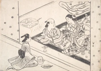 Lady Playing Shamisen ze swoim kochankiem i opiekunem w pobliżu.